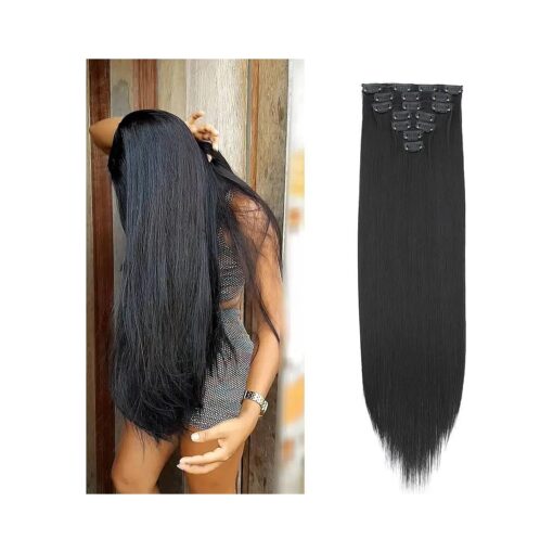 Clip in Hair Extensions 24 Inches Straight Hairpieces 7Pieces/Set Heat Resistant Synthetic Fiber Full Head Clip in Hair Extension for Black Women Double Weft DIY Hair Extensions ( 1B # Black