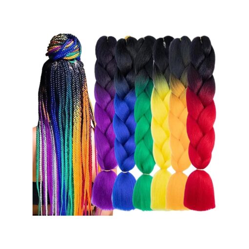 Braiding Hair Extensions 6 Packs/24 Inch Braiding Hair Fiber Crochet Hair for Box Braids Twist Hair Extensions ( 24" ( Pack of 6 ), Black Yellow/Black Orange/Black Green/Black Red/Black Purple/Black Blue )