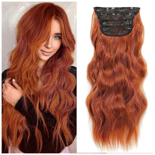 NAYOO Clip in Curly Hair Extensions 4PCS Long Wavy Synthetic Thick Hairpieces with Fiber Double Weft for Women Hair Full Head ( 24 Inch, Copper Red )