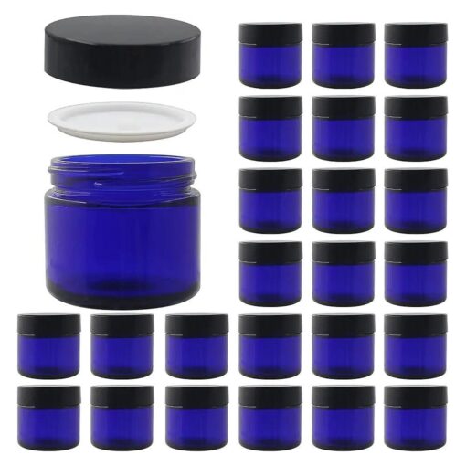 24 Pack 2 oz Round Blue Glass Cosmetic Jars with Inner Liners and Black Lids, Travel Jars, Refillable Containers for Makeup, Cream, Lotion, Sugar Scrubs, Eye Shadow, Slime, Paint, Jewelry