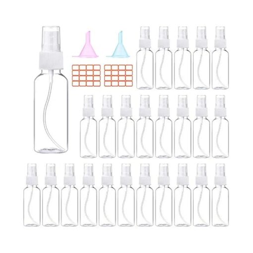 24 Pcs Spray Bottles 2oz / 55ml Clear Empty Mini Spray Bottles Refillable Container Pocket Size Sprayer Set Essential Oils Travel Cleaning Makeup Bottles with 2pcs Funnels 32pcs Labels