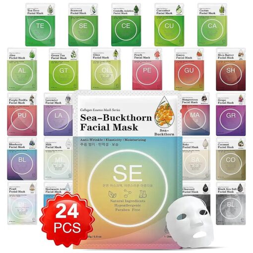 24 Pack Collagen Essence Sheet Facial Masks, Contain Natural Plant Extract and Sodium Hyaluronate, Skincare for All Skin Types, Moisturizing and Soothing, Natural Skin Care Spa Face Mask