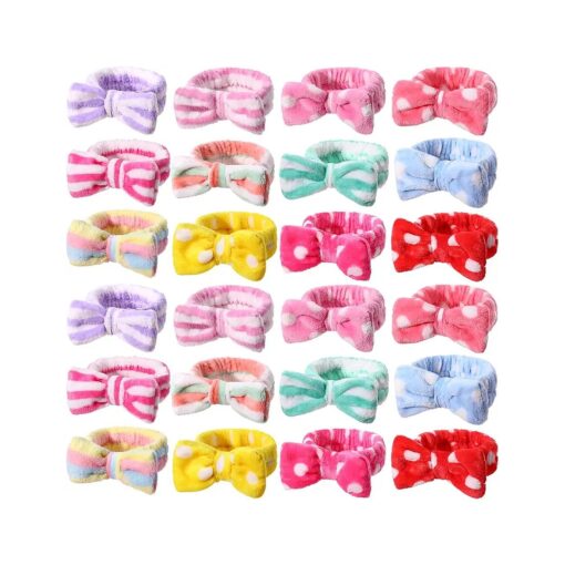 WILLBOND 24 Pack Spa Headband Bow Hair Band Facial Makeup Headband Women Face Wash Headband Adjustable Skincare Headbands Flannel Towel Soft Head Wraps for Girls Shower Washing Face ( Vivid Pattern )