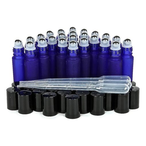 Vivaplex, 24, Frosted, Cobalt Blue, 10 ml Glass Roll-on Bottles with Stainless Steel Roller Balls, 3-3 ml Droppers included