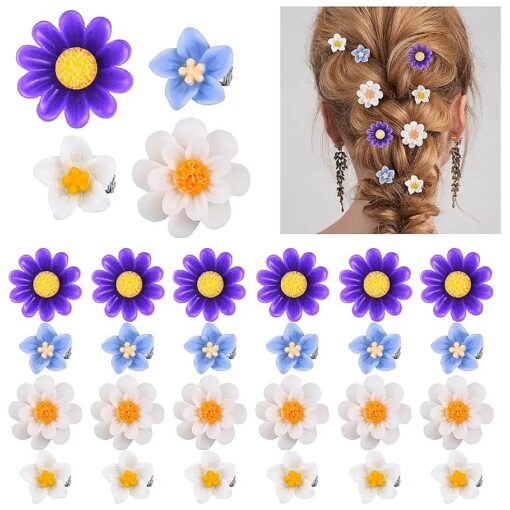 BBTO 24 Pcs Mini Flower Hair Clip for Girls Women Lily Daisy Flower Small Hair Pin Wedding Bridesmaid Bridal Clips Elegant Hair Accessory for Party Daily ( White Yellow, Dark Purple, White, Light Blue )