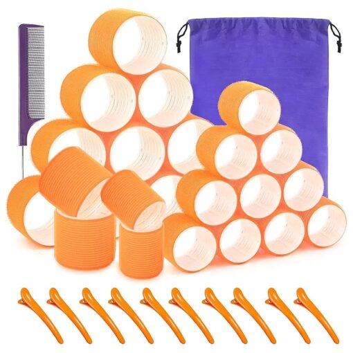 Self grip hair roller set 24 pcs, Heatless hair curlers, Hair rollers with hair roller clips and comb, Salon hairdressing curlers, DIY Hair Styles, Sungenol 2 Sizes Orange Hair Rollers in 1 set