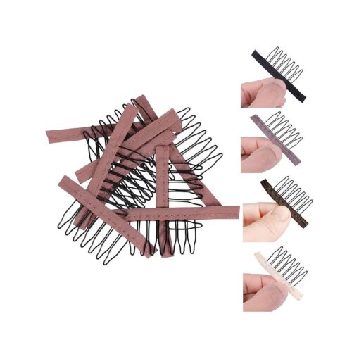 24 pcs/lot Wig Combs for Making Wig Caps 7-teeth Wig Clips with Cloth Wig Combs for Hairpiece Wig Cap Accessories Tools ( Light Brown )