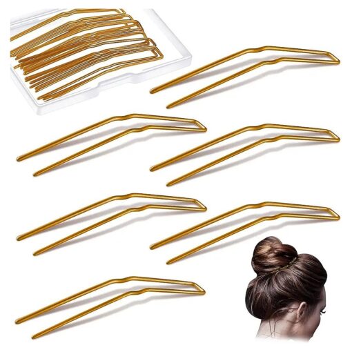 24 Pcs U Shaped Hair Pins Ballet Bobby Pins U Pin Hair Styling Pins Bobby Pins for Updo with Storage Box Metal U Bun Hair Forks for Women Girls Thick Thin Long Curly Hair ( Gold, 3 Inch )