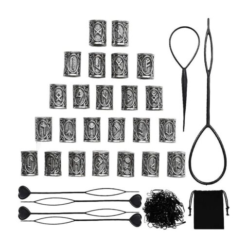 24 PCS Viking Hair Beads Beard Hair Beard Beads 6 PCS Pull Hair Pin Quick Beader 100 PCS Black Rubber Bands and a Bag