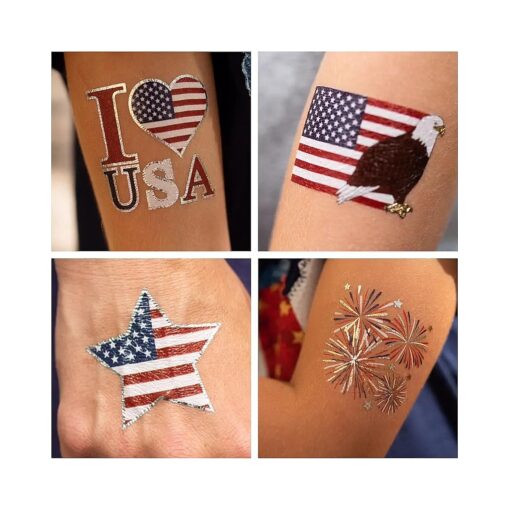 24 Patriotic Temporary Tattoos | 4th of July Party Supplies | USA Party Favors and Fourth of July Party Decorations | Metallic American Flag Red White and Blue Fake Tattoos | By John & Judy