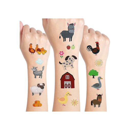 24 Sheets Barnyard Farm Animal Temporary Tattoos, Farm Themed Birthday Decoration Party Favors for Kids, Goody Bag Supplies Gifts