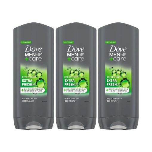 Dove Men+Care Refreshing Extra Fresh 3-In-1 Hair, Body And Face Wash Pack Of 3 With 24-Hour Nourishing Micromoisture Technology Body Wash For Men 400 Ml