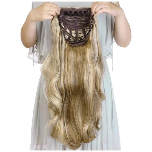 24" Long Straight Wavy Clip in Half Head Tied Wig Blonde Synthetic Hair Extensions For Women 210g 8-22 #