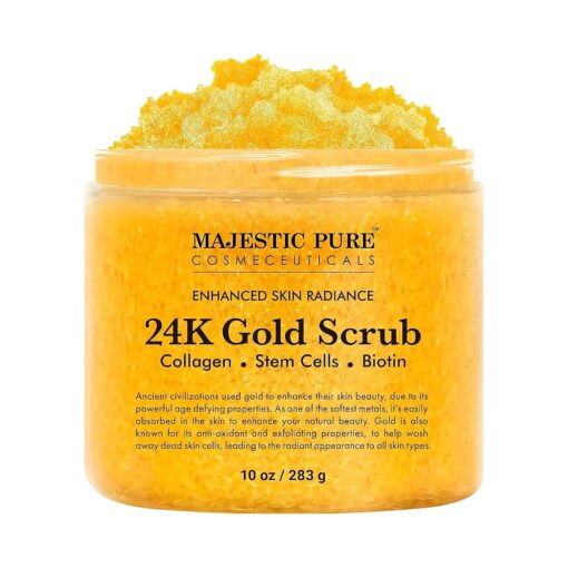 Majestic Pure 24K Gold Scrub - Biotin, Collagen, VitaminE & Stem Cell - Exfoliating Body Scrub, Skin Moisturizer, Pore Cleanser & Body Exfoliator - Natural Skin Care - 24k Scrub For Men & Women - 10oz