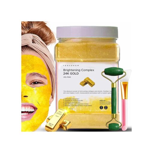 Jelly Face Mask for Facials - 24K Gold Hydrating, Brightening & Nourishing Jelly Mask with Free Jade Roller & Spatula | Professional Hydrojelly Masks | Vajacial Jelly Mask Powder | 23 Oz Jar Face Mask