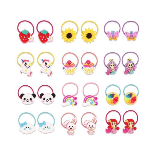 24pcs ( 12 pairs ) Girls Elastic Hair Ties, Baby Girls Cute Cartoon Hair Ties, Elastic Soft Rubber Bands Hair Bands Ponytail Holders Hair Accessories for Girls, Toddlers, Kids, Teens, Children