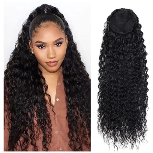 24 Inch Curly Ponytail Extensions Synthetic Deep Wave Drawstring Ponytail For Black Women Human Hair Feeling With Clip In Thick Ponytail Hair Natural Black Hairpiece ( 1b # ,160g ) ( 24inch, 1b # )