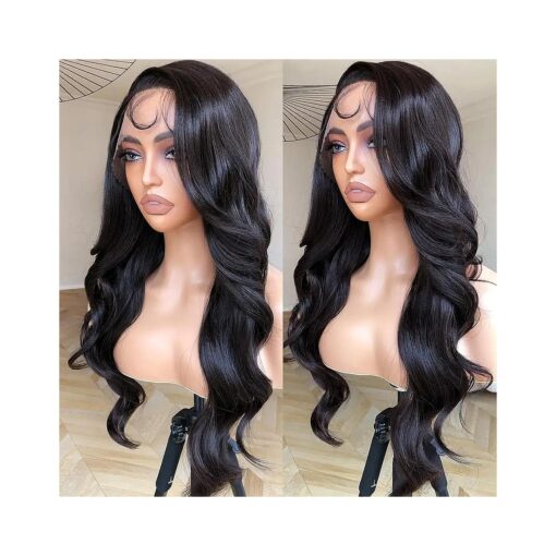 Body Wave Lace Front Wig Pre Plucked, Synthetic Lace Front Wig Glueless Wigs HD Lace Front Wigs Human Hair Luster 24inch Natural Black, 13X5X1 Side Part Bombshell Wig for Women