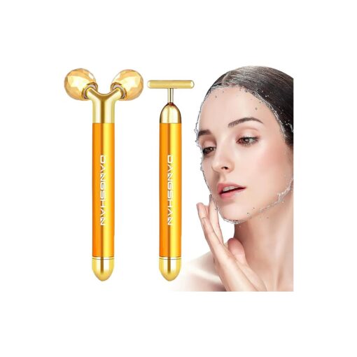 2-in-1 Electric Face Massager 24k Golden Facial Massager, 3D Roller and T Shape Facial Roller Massager Kit Skin Care Tools