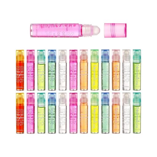 Expressions girl 24pc Roll On Lip Gloss Set with Carrying Case, Glossy Lip Make-up for Kids and Teens - Fruity Flavors, Non Toxic, Kid Friendly, Party Gift, Best Friends