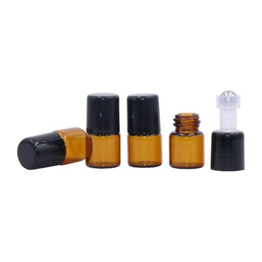 25Pcs Essential Oil Roller Bottles Mini 1ml/2ml/3ml Amber Glass Metal Ball Empty Roll On Glass Bottle Perfume Sample Vials Jar For Aromatherapy Lip Balm Cream Liquid With Black Cap ( 1ml )