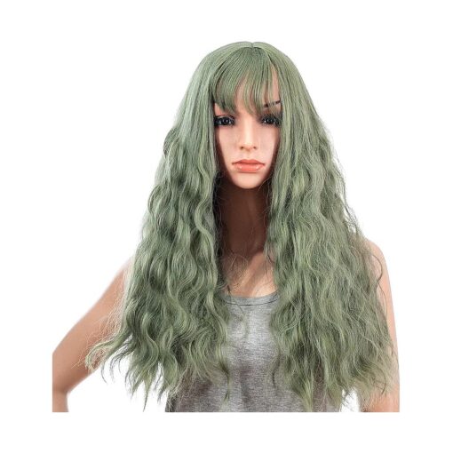 SWACC 26-Inch Women Long Wave Curly Synthetic Hair Full Wig with Wig Cap ( Dull Green )