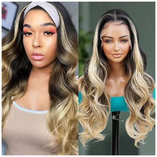 GLAM21USA HD LACE Front Wig Loose Curl 13X6 Deep Transparent Lace Frontal Wigs 26 Inch Human Hair Master Blend Swiss Lace Curly Long Synthetic Wig - Nisha ( Brown HD Lace, MOP1B/BLONDE )