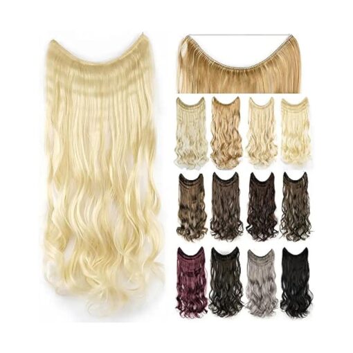 22" 26" Long Body Wavy Hair Extensions Fish Line Hairpiece Synthetic Invisible Secret Wire Headwear Flip Curly Hair Extension Pieces ( 26 Inch, 613 Blonde )