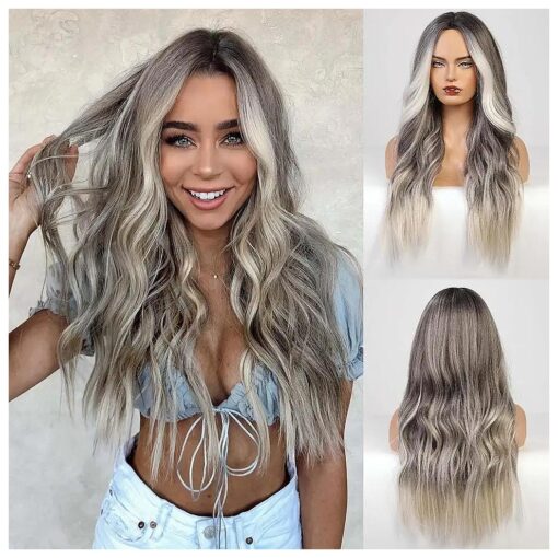 HAIRCUBE Long Ombre Gray Wavy Wig for Women Lace Front Wigs with Highlight,26 Inch Middle Part Curly Wig Natural Looking Synthetic Heat Resistant Fiber Wig for Daily Party Use