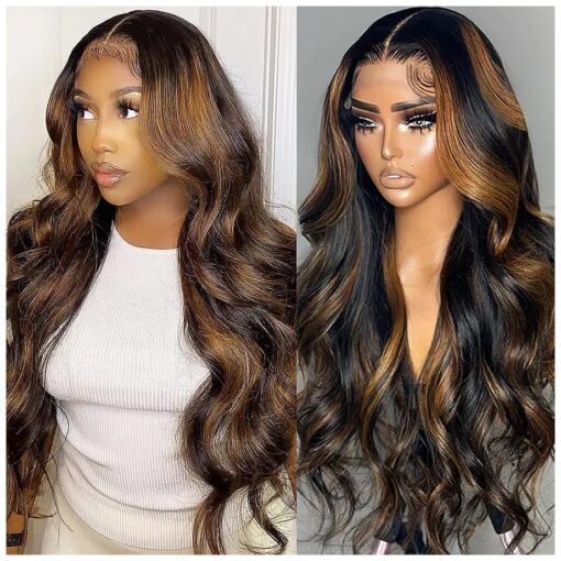 Highlight Lace Front Wig Human Hair Pre Plucked 1B/30 Body Wave 13x4 Ombre Lace Front Wig Human Hair Colored Ombre Wig Human Hair 180 % Density Brown HD Lace Frontal Wigs Human Hair 26 Inch