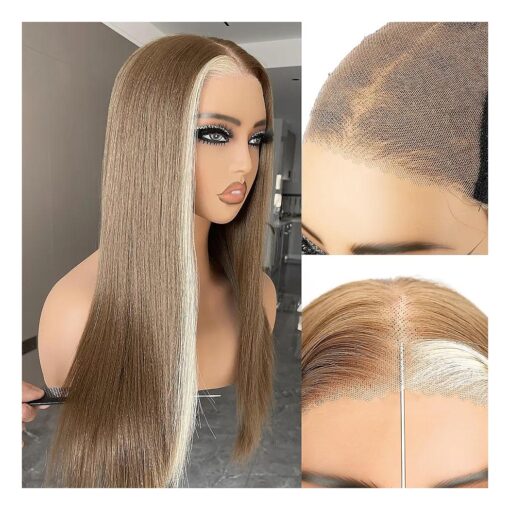 BLL Lace Front Wig Wear and Go Glueless Wig Brown Straight Synthetic Lace Front Wigs Pre Plucked Pre Cut 6 * 5 HD Lace Wig 26 Inch Ready to Wear Brown With Blonde Highlight Wigs