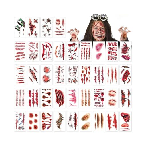 265 PCS 40 Sheets Fake Scars Temporary Tattoos, Horror Realistic Wound Stitch Face Body Makeup Zombie Sticker, Cosplay Masquerade Prank Scary Halloween Party for Kid Women Men Boys Girls