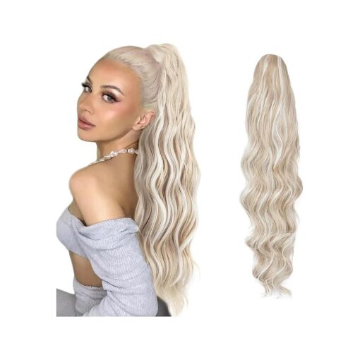 Drawstring Ponytail Extensions Synthetic Heat Resistant 26inch Long Fluffy Wavy Hairpiece for Women ICY BLONDE