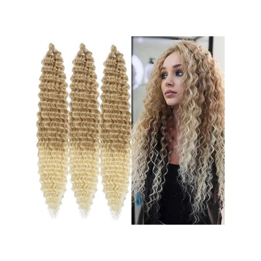 Deep Wave Crochet Hair for Black Women 24 Inch Curly Braiding Hair 3 Packs Ocean Wave Braiding Hair Extensions Ombre Blonde Curly Crochet Hair for Boho Braids ( 24Inch, 27/613 # )