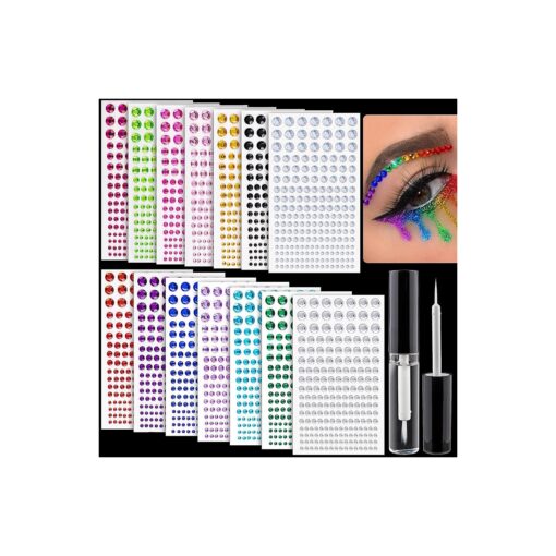 2758 Pcs of Rhinestone Stickers 3/4/5/6/8mm with 14 Colors Self Adhesive Face Gems, Stick on Body Crystal Jewels with Quick Dry Makeup Glue for Face Eye Hair Nails Make up and Craft DIY Decorations