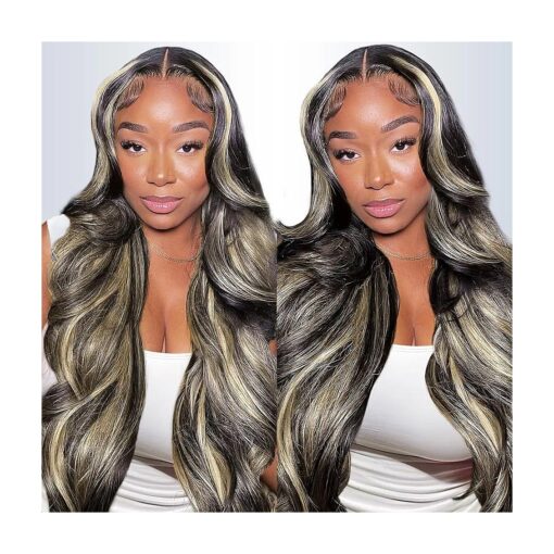 FB/27 28 Inch Highlight Balayage Lace Front Wig Human Hair 13x4 HD Lace Frontal Wigs Human Hair Body Wave Wig 200 % Density Ombre Glueless Wigs Human Hair Pre Plucked with Baby Hair for Women