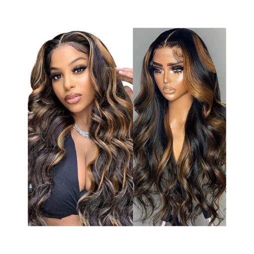 28 Inch Ombre Lace Front Wig Human Hair 1B/30 Body Wave Highlight Lace Front Wigs Human Hair Colored 13x4 Ombre Brown Wig Human Hair 180 % Density Glueless HD Lace Frontal Wigs Human Hair