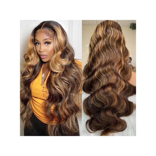 Highlight 28 Inch Ombre Lace Front Wig Human Hair 13x4 HD Transparent 4/27 Honey Blonde Lace Front Wigs Human Hair 180 % Density Pre Plucked With Baby Hair Body Wave Glueless Wigs Human Hair ( 28 Inch )