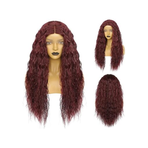 Ebingoo 28 Inch Wine Red Curly Lace Front Wigs + Wig Cap Long Lace Front Wigs Burgundy Wig Curly Lace Front Wigs Synthetic Hair Heat Resistant Wig for Women Girls Daily Wear Halloween Party