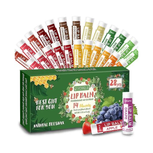 28 Pack Natural Lip Balm Bulk with Vitamin E and Coconut Oil - Moisturizing, Soothing, and Repairing Dry and Chapped Lips - 14 Flavors - Non-GMO Mother 's Day Gifts