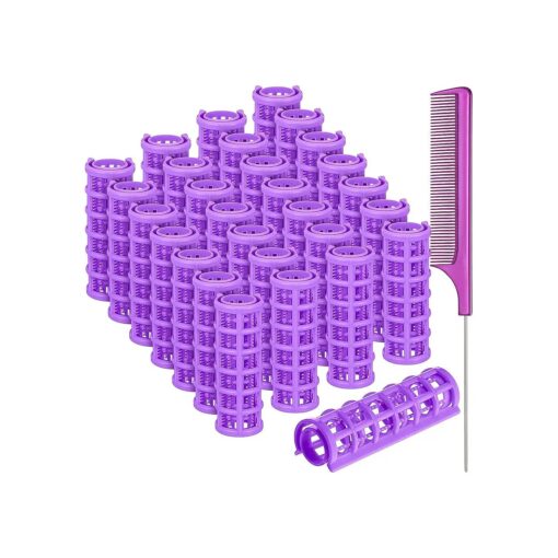 28 Pieces Hair Roller, 0.6 Inch/ 1.5 cm Small Size Plastic Hair Rollers Hair Curlers with Steel Pintail Comb Rat Tail Comb for Short Hair Long Hair Hairdressing Styling Tools ( Purple )