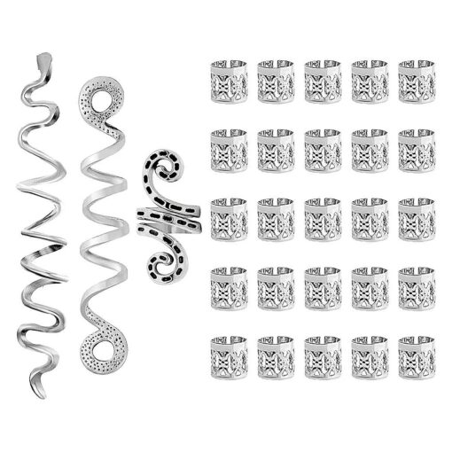 28 Pieces Dreadlock Clips Loc Hair Jewelry for Women Braids Silver Hair Cuffs Hair Beads Spiral Coils Dreadlock Accessories Beads Braids Rings