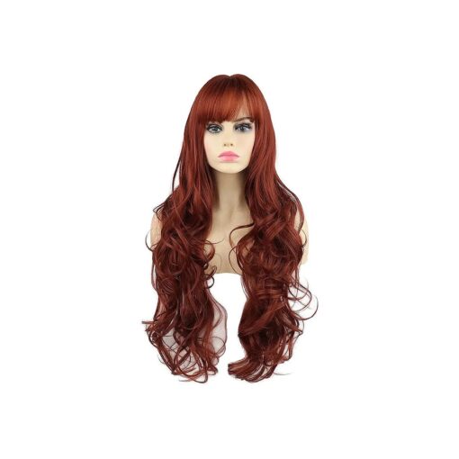 SYXLCYGG Long Auburn Wigs 28" Wavy Synthetic Daily Wigs Halloween Costumes Party Curly Hair Wig With Bangs Soft & Not Tangled for White Womens Natural Wigs Girls Ladies Real ( free wig cap )