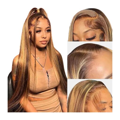 Ombre Lace Front Wig Human Hair 28inch Highlight 13x4 HD Straight Lace Front Wigs 180 % Density 4/27 Colored Honey Blonde HD Lace Frontal Wigs For Women Glueless Pre Plucked with Baby Hair