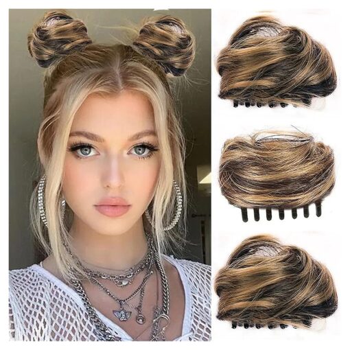 2PC Claw Clip in Hair Bun Messy Fake Extensions Donut Chignon Synthetic bun in Hairpieces Updo Brown Ballet Bun for Women Grils