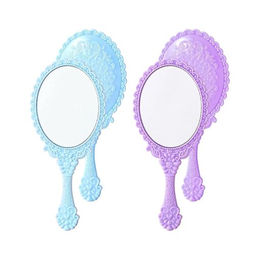 2PCS Handheld Mirror with Handle Vintage Cosmetic Mirror Compact for Personal Makeup Vanity Hand Held Mirror Tone Victorian Vanity Mirror, Purple+Blue