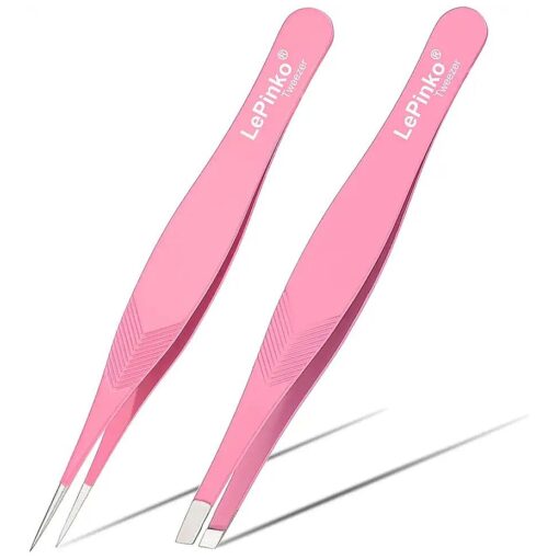 LePinko 2PCS Tweezers Set for Women and Men, Precision Tweezer kit for Ingrown hair, Facial Hairs, Chin Hair, and Splinter Removal, Professional Eyebrow Plucker Tweezers, Pink