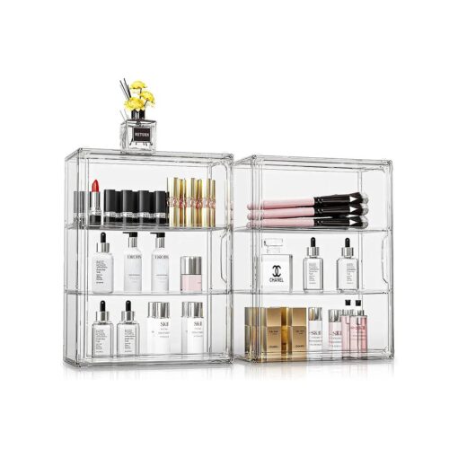 Clear Make up Organizers and Storage for Vanity, 2 Pack Makeup Organizer with 4 Division Board, Self-Adhesive Wall-Mounted Cosmetic Display Cases for Countertop Organizer, Bathroom