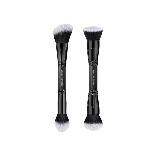 LORYP Black Makeup Brushes 2Pcs Duo End Foundation Powder Brush Set, Blush & Highlighter Brush and Round & Flat Foundation Brush