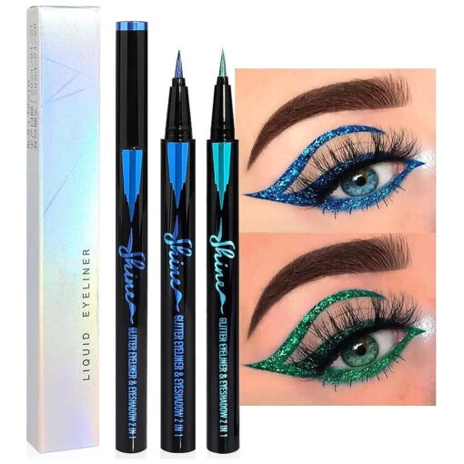 evpct 2Pcs Metallic Royal Blue & Green Glitter Glittering Diamond Liquid Eyeliner Eye Makeup Pencil Set, Sparkle Shimmer Colored Eyeliner Pen Waterproof Smudge Proof Long Lasting High Pigmented